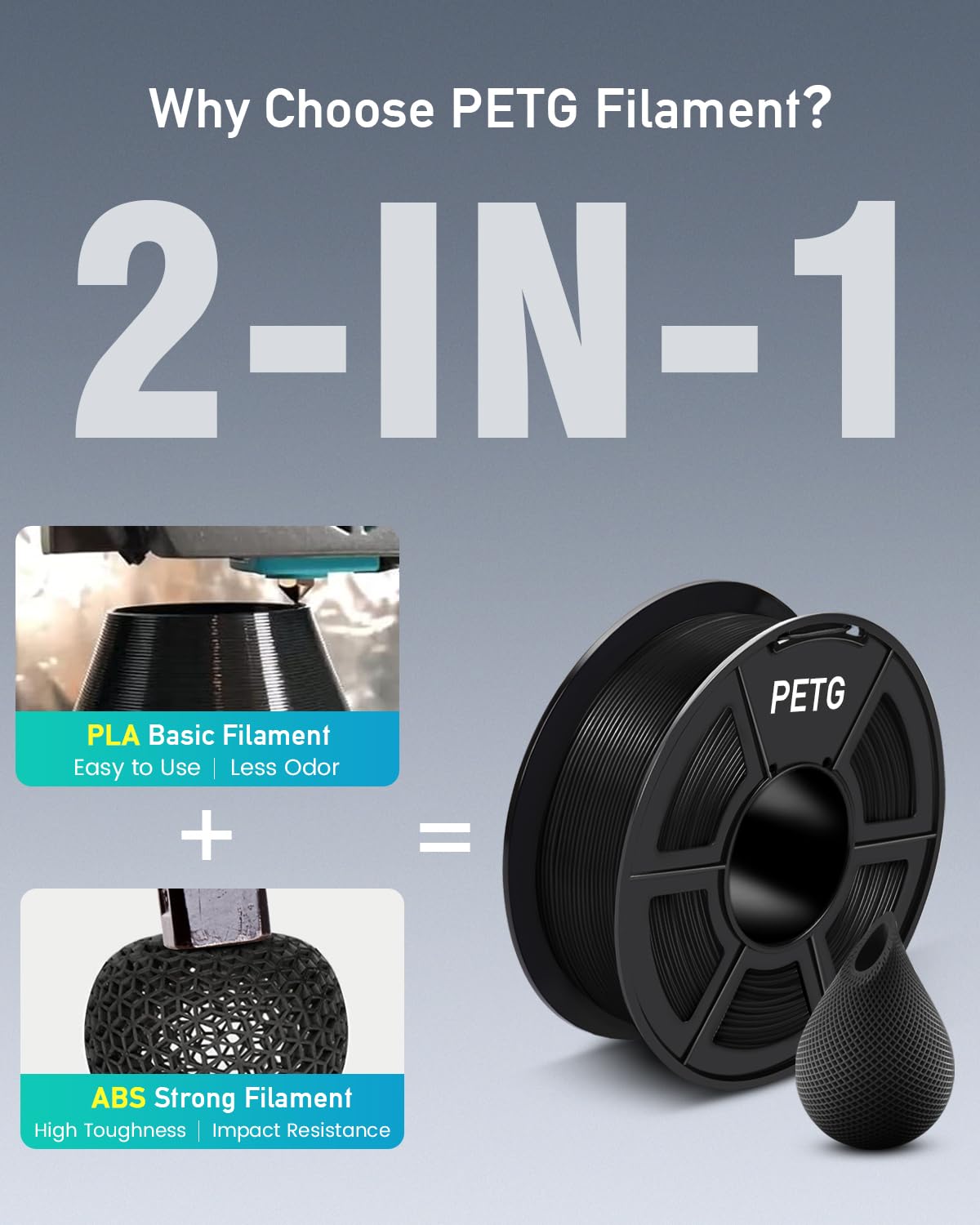 SUNLU 3D Printer Filament PETG Filament 1.75mm, Less Stringing Good Layer Adhesion High Toughness, PETG Filament 1.75 ±0.02mm, 1kg Spool(2.2lbs), PETG Black
